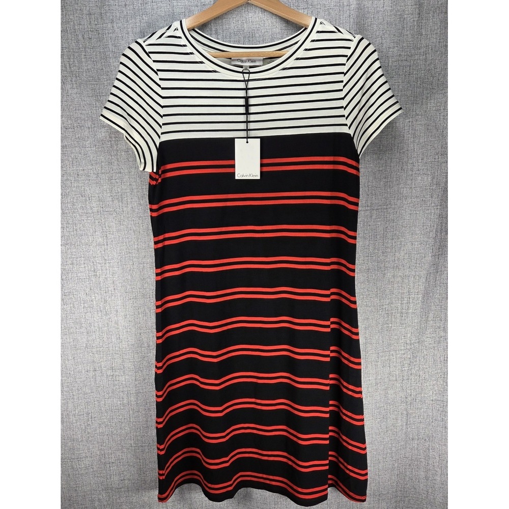 Calvin Klein Womens Red Black Striped Round‎ Neck Stretch Shift Dress Small